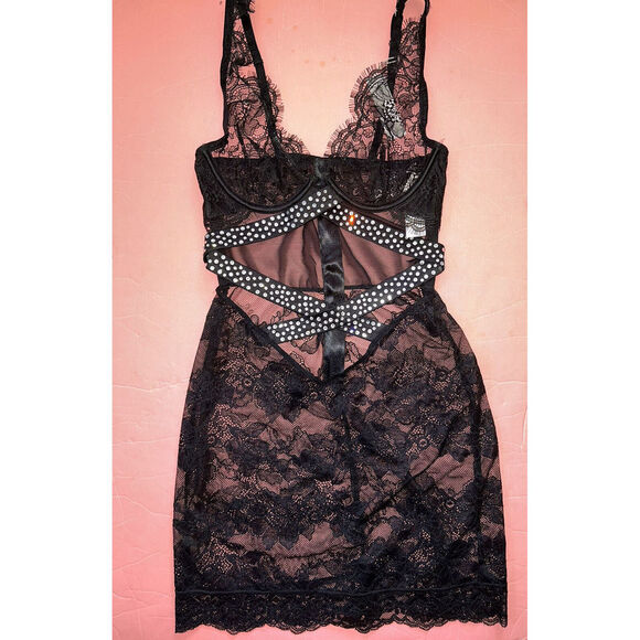 Victoria's Secret XS,S,M SLIP DRESS mini black lace satin SHINE STRAP VERY SEXY Victoria's Secret XS,S,M SLIP DRESS mini black lace satin SHINE STRAP VERY SEXY